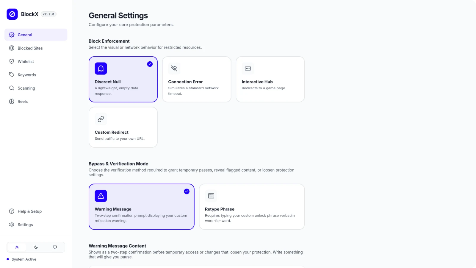 BlockX settings screen