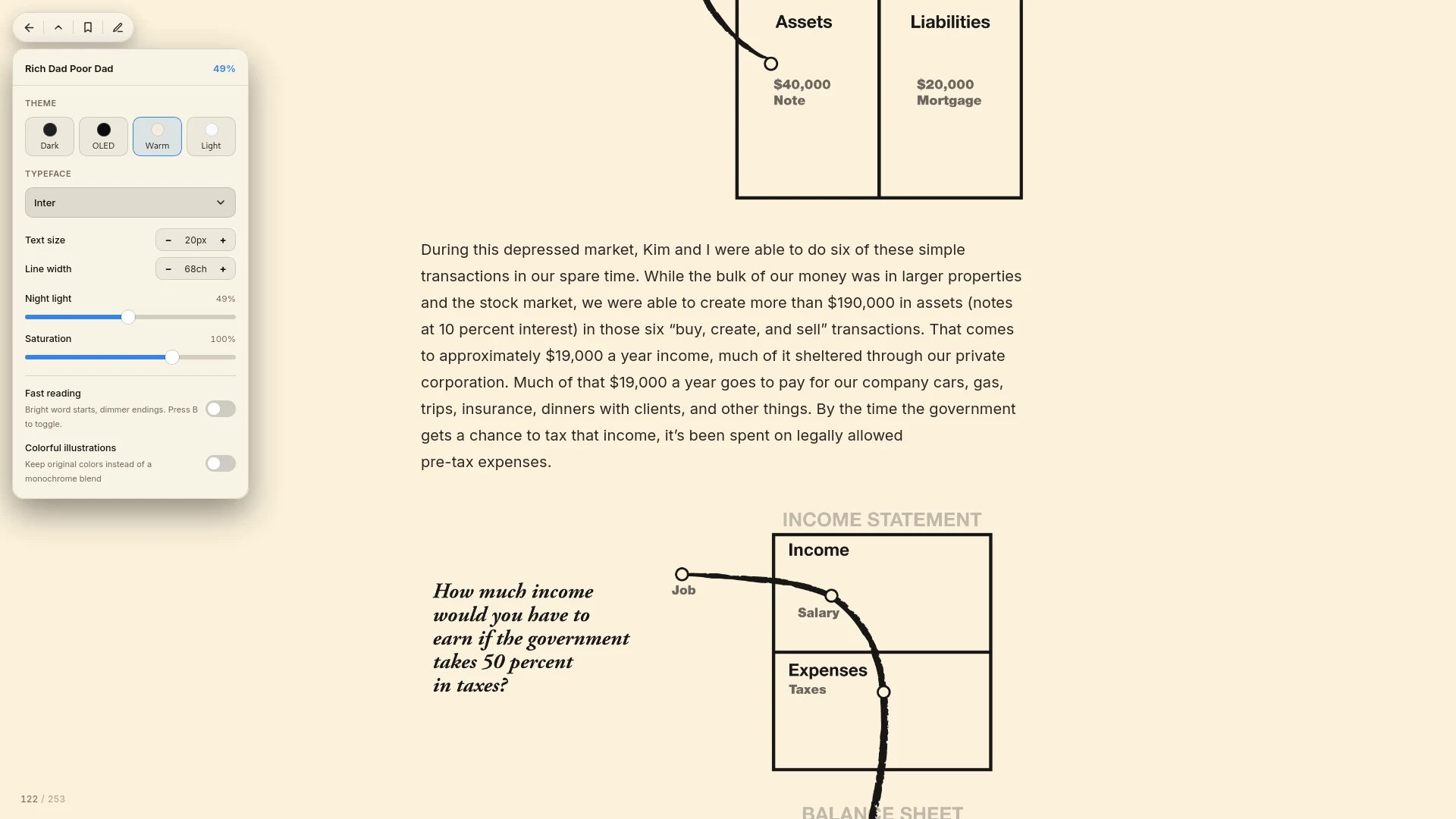 Warm reading mode with typography settings
